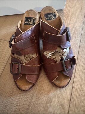 freebird Brown Leather Double Buckle Slide Sandals